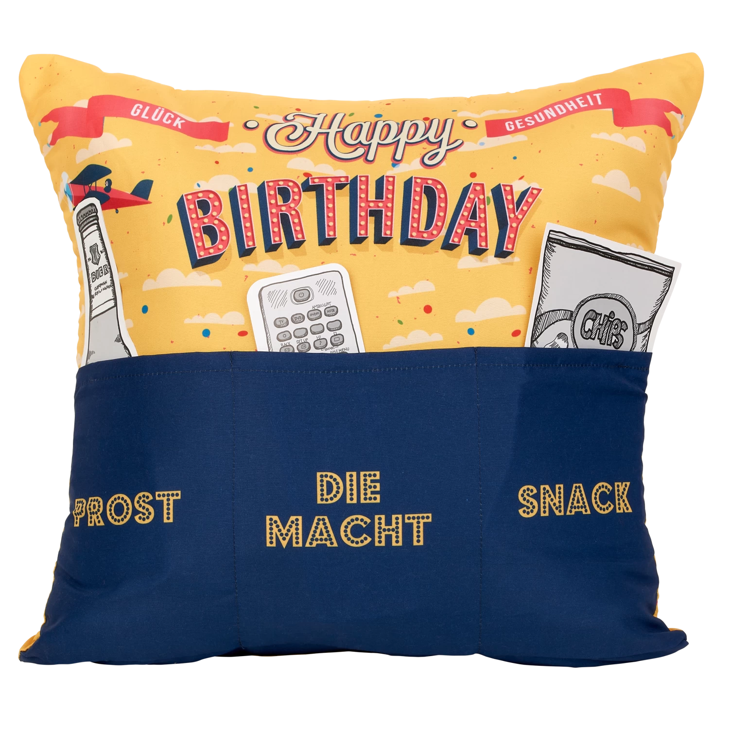 Hergo Sofahelden Kissen M. Taschen 43x43cm - Happy Birthday Retro Gelb/blau 8793 1 Hergo Sofahelden Kissen M. Taschen 43x43cm - Happy Birthday Retro Gelb/blau 8793